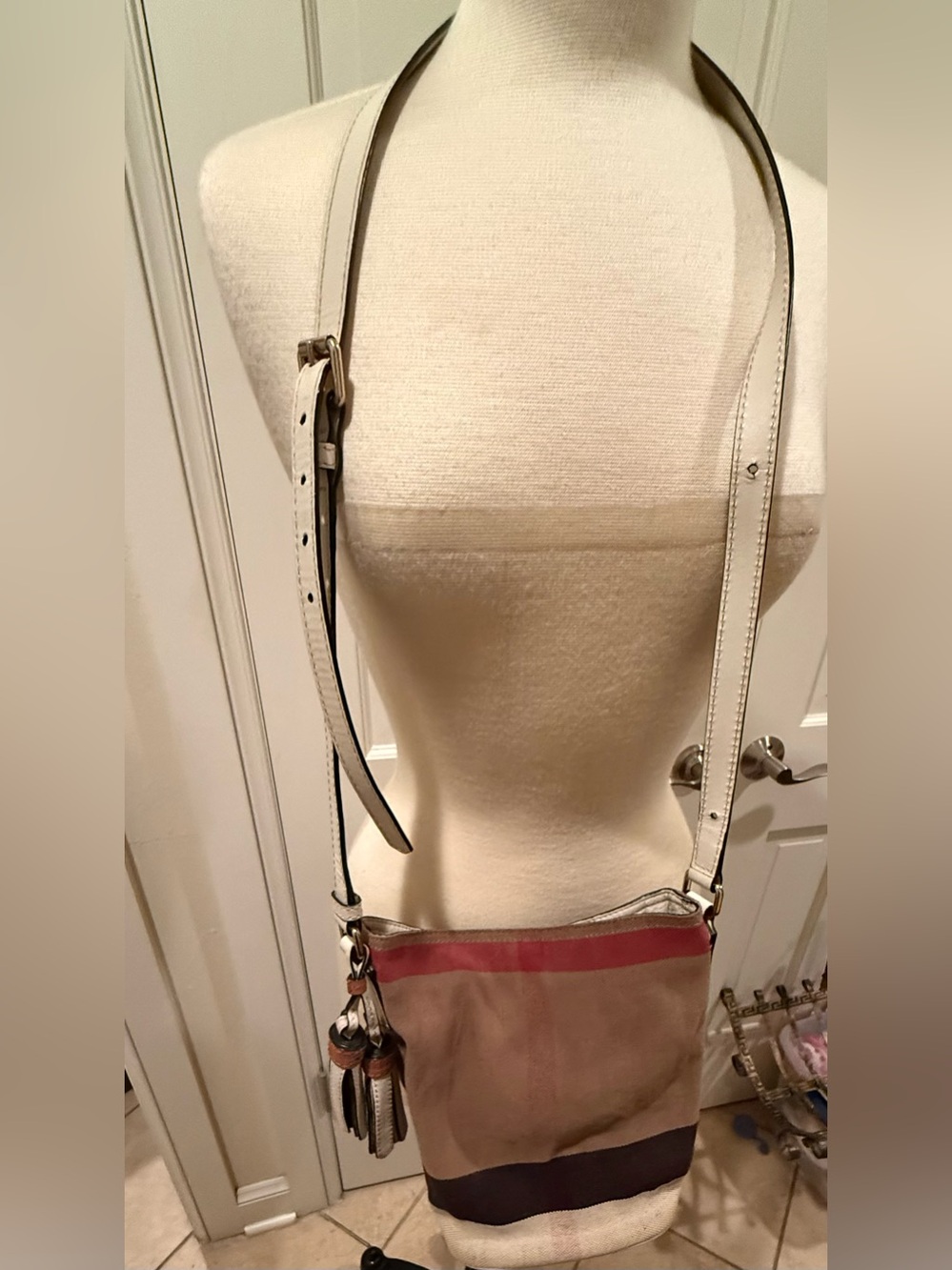 BURBERRY Canvas Mega Check Mini Ashby Tassel Crossbody White